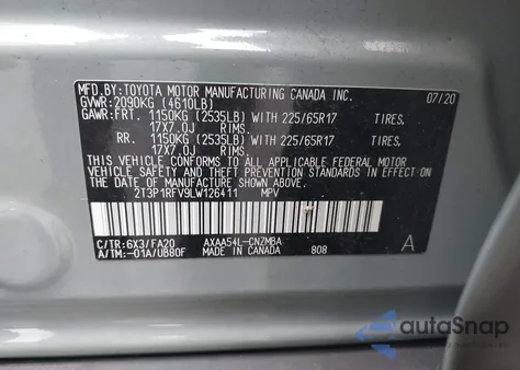 2020 Toyota Rav4 Xle из США, поврежденный, VIN 2T3P1RFV9LW126411